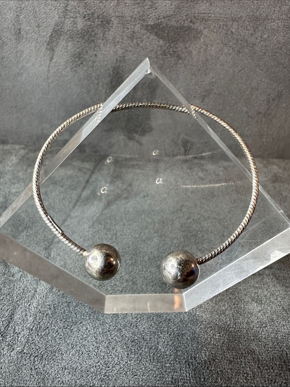 Textured Open Cuff Bracelet with Polished Ball Ends - Sterling Silver